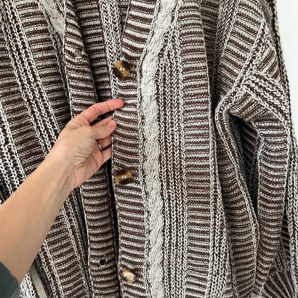 Cupshe Striped Knit Cardigan - Beige and White - Picture 5 of 7